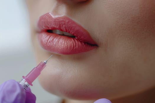 The woman is receiving a botox injection in her lips to enhance them. Her pink lipstick complements her pink eyelashes and skin tone