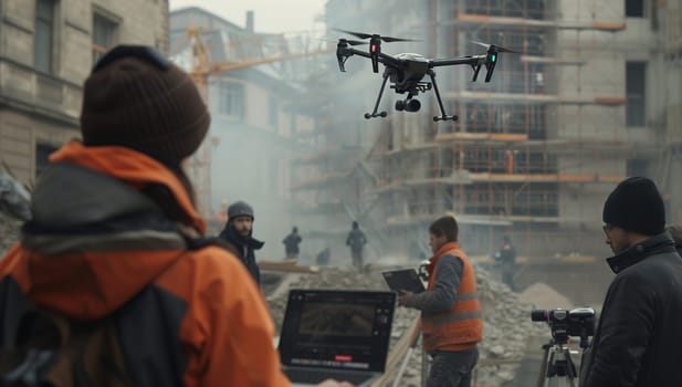 A crowd of people watches as a drone flies over a construction site in the city, capturing aerial views of the building project. The mix of engineering and art is mesmerizing