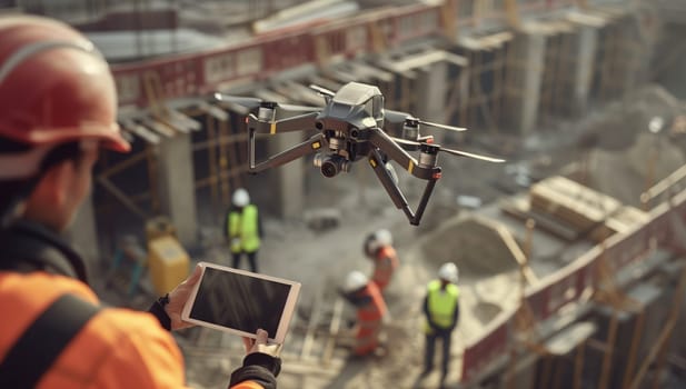 A construction worker is utilizing a drone to capture an aerial view of the construction site, showing the event of building progress to the engineer crowd