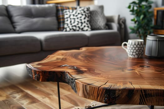 A wooden coffee table complements the couch in a living room, adding warmth and style to the interior design. The furniture enhances the studio couch and plant, creating a cozy atmosphere