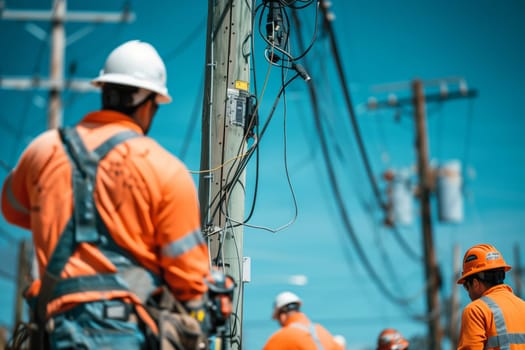 A group of bluecollar workers, including engineers and tradesmen, are wearing workwear and hard hats while working on a power line to ensure safety and protection from electricity hazards