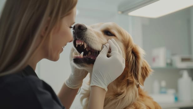 A female veterinarian is inspecting a dogs teeth at a veterinary clinic while the canine companion dog sits patiently, sharing a smile with a gesture of trust