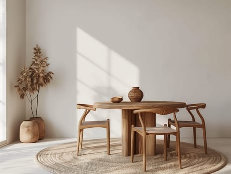 An interior design featuring a wooden table and chairs on a hardwood floor, accentuated by a rectangular rug, creating an artistic dining space