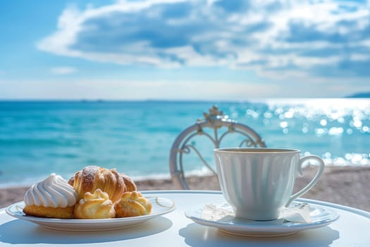 A coffee cup and a plate of pastries displayed on a table overlooking the azure ocean, under the clear sky with fluffy clouds