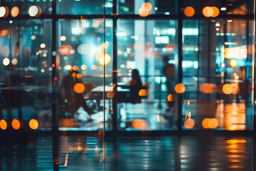 A reflection of a person sitting at a table in front of a window at night in a metropolis. The city lights create an electric blue glow, adding symmetry to the scene