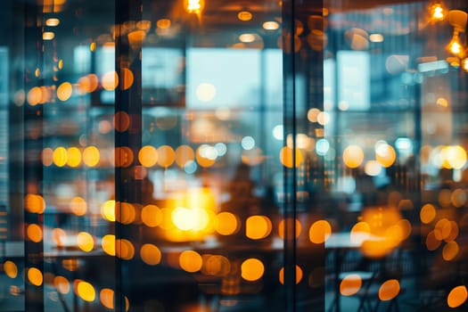 An electric blue tower block in the metropolitan area, with blurred automotive lighting and cityscape reflections in the glass windows