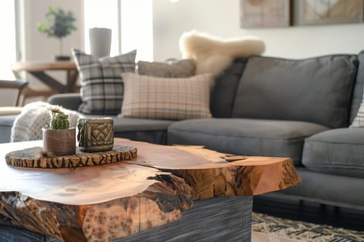 This living room features furniture such as a couch and a wooden coffee table on hardwood flooring. The space is in a house with real estate and a plant for added decor