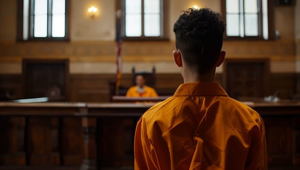 A man in an orange jumpsuit stands in a courtroom in front of a judge. The room has wood flooring, glass windows, and is located in a building