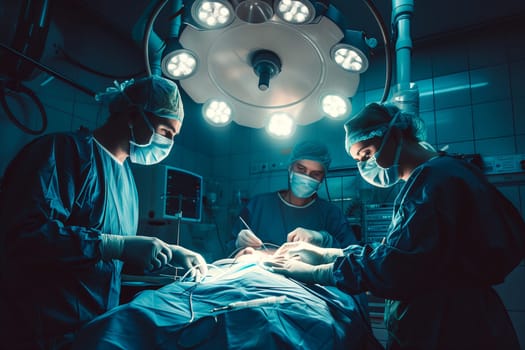 A team of surgeons in electric blue scrubs are performing a medical procedure on a patient in the darkened operating theater