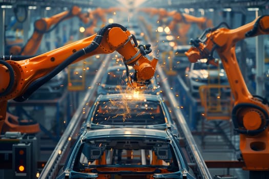 A robotic arm is welding a car in a car factory, showcasing the engineering marvel in modern manufacturing technology
