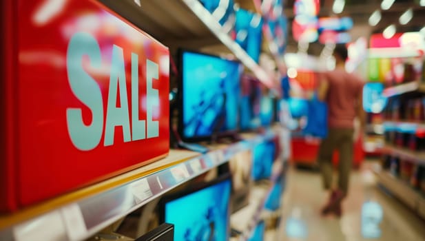 A customer leisurely strolls down the retail aisle of electric blue televisions in a city store, enjoying the fun and advertising display