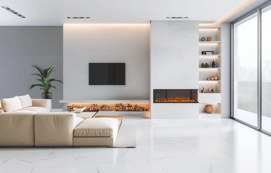 A rectangular living room with hardwood flooring, featuring a couch, fireplace, television, and a plant as a fixture in a real estate building