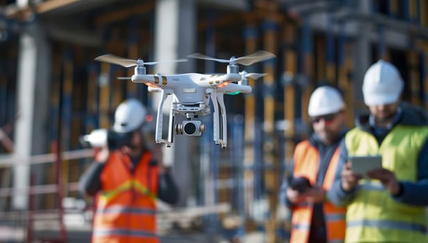 A group of construction workers wearing helmets and headgear are observing a drone flying over their construction site. It is an unexpected recreational event during their engineering work
