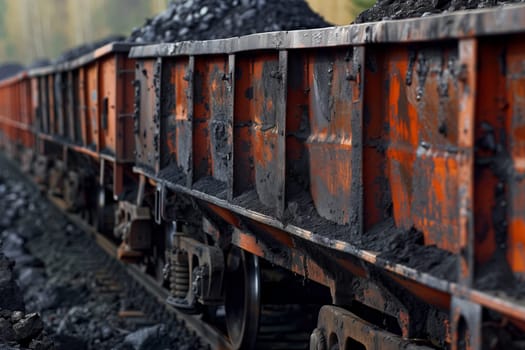 A rolling stock train car transporting coal is on the railway tracks, part of the freight car vehicle entourage rolling through the countryside