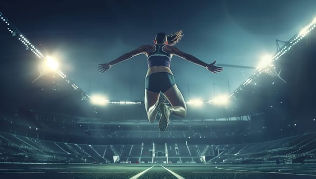 A woman is leaping in the air at a public event in a stadium, showcasing her athletic thighs in a mesmerizing performance art under the stadium lights