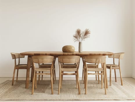 An elegant dining room featuring a rectangle wooden table with matching chairs. The hardwood furniture creates a warm and inviting atmosphere