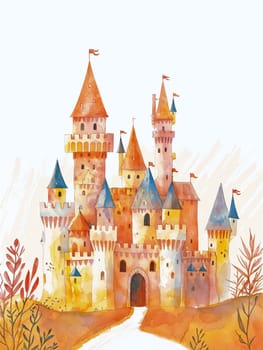 A detailed watercolor depiction of a castle featuring prominent turrets and architectural details.