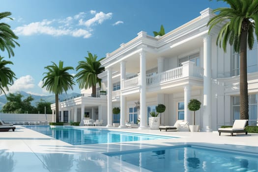 A luxurious white house with a swimming pool surrounded by palm trees, offering a perfect blend of relaxation and leisure in a beautiful real estate setting under a clear blue sky with fluffy clouds