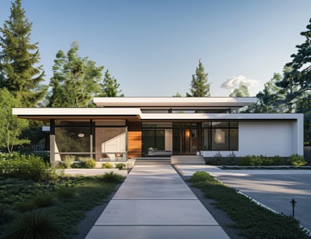 A modern house with a walkway is surrounded by lush trees, with a clear blue sky above. The buildings facade is complemented by green grass and asphalt pathway