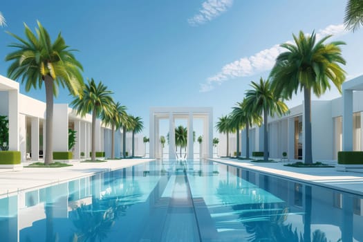 A serene scene with a large swimming pool reflecting the sky, surrounded by palm trees and white buildings, perfect for leisure and travel