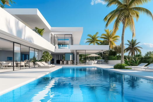A modern property with a large swimming pool in front of the building, surrounded by trees and plants, under the azure sky, offering a leisurely fluid experience