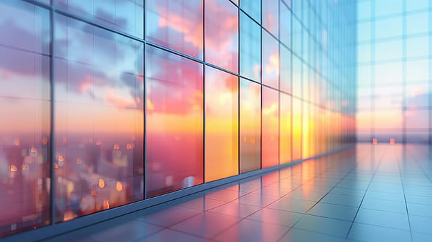 A beautiful modern spacious office hall with panoramic windows and a perspective in pleasant blue and crimson tones.