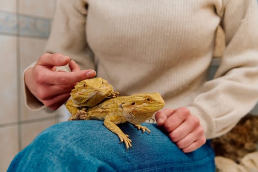 A beautiful woman in a joyful moment, posing with her two adorable bearded dragon pets, radiating love and companionship.