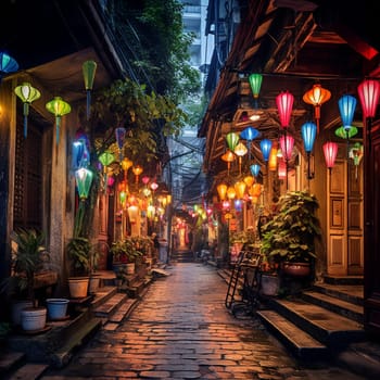 Immerse yourself in the captivating culture and history of Hanoi with this image featuring a magical alleyway adorned with vibrant lanterns. Follow the lantern-lit path to discover a tucked-away museum filled with ancient artifacts, surrounded by a burst of colors and local flavors. Experience the hidden gems of Hanoi and be amazed by the unexpected wonders this enchanting city has to offer.