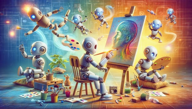 A wide image of a group of robots engaging in the task of painting on a canvas, showcasing the concept of artificial intelligence with a hint of humor.