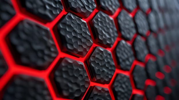 hexagonal abstract black metal background with red light lines.