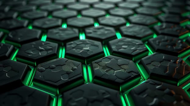 hexagonal abstract black metal background with green light lines.