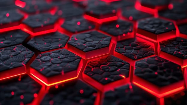 hexagonal abstract black metal background with red light lines.