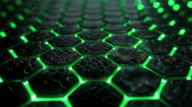 hexagonal abstract black metal background with green light lines.