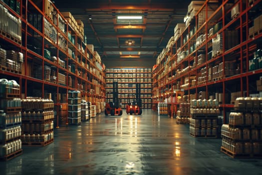 A Retail warehouse full of shelves with goods in cartons, with pallets and forklifts.