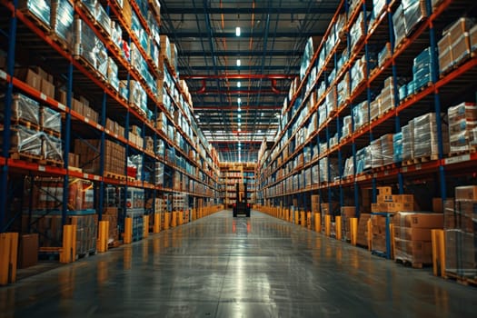 A Retail warehouse full of shelves with goods in cartons, with pallets and forklifts.