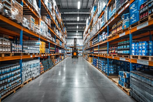 A Retail warehouse full of shelves with goods in cartons, with pallets and forklifts.