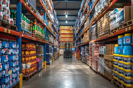 A Retail warehouse full of shelves with goods in cartons, with pallets and forklifts.