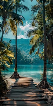 A wooden pier extends into the azure waters of a lake framed by palm trees, creating a serene natural landscape perfect for travel and relaxation