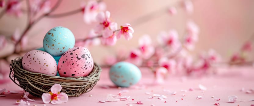 Easter holiday celebration banner greeting card banner with easter eggs and flowers on a pink background.