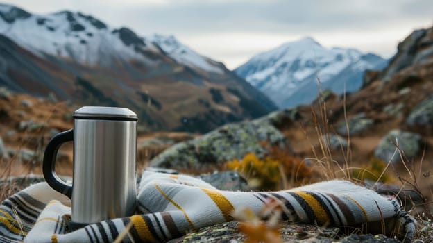 A mug and a thermos for a tourist on a background of mountains AI