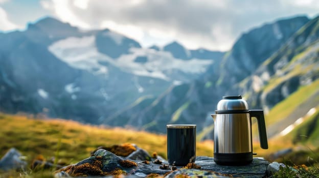 A mug and a thermos for a tourist on a background of mountains AI