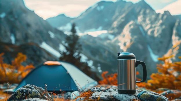 A mug and a thermos for a tourist on a background of mountains AI