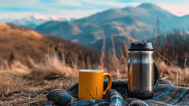 A mug and a thermos for a tourist on a background of mountains AI