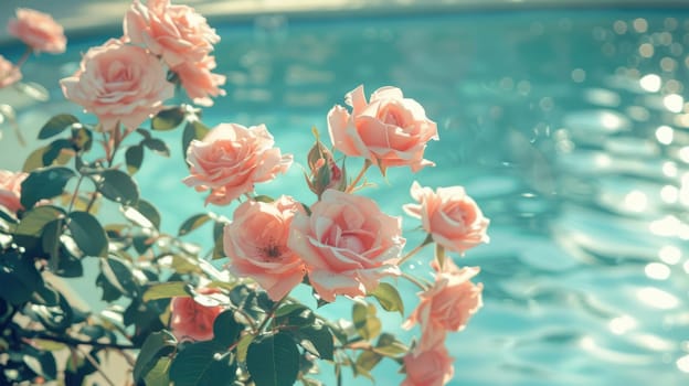 Blooming rose bush on the pool terrace AI