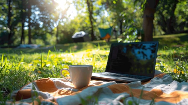 Cup of coffee and laptop for morning work outdoors. Working business concept. AI