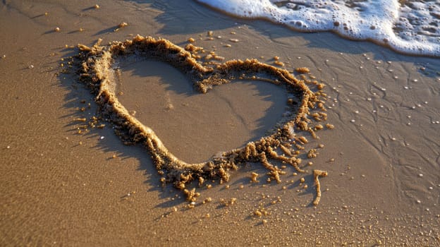 Heart drawn in the sand. Beach background. Top view AI