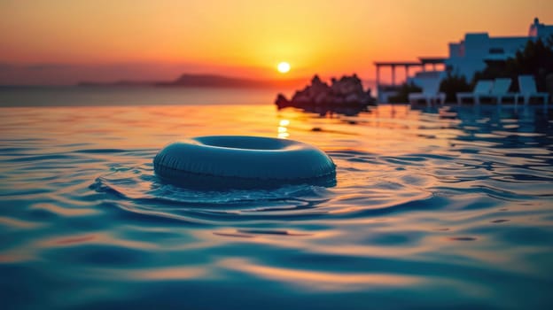 Inflatable ring in the pool overlooking the sunset AI