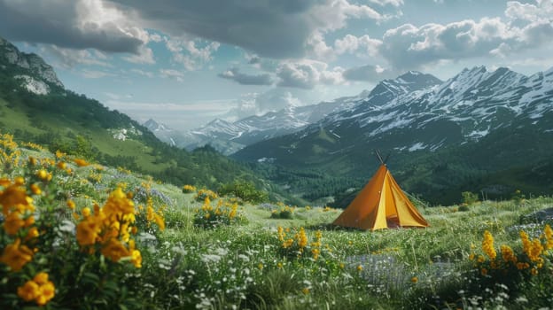 Tourists Camping. Picnic tent on a mountain meadow AI