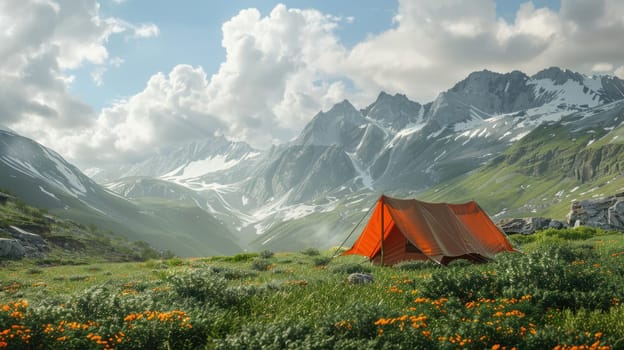 Tourists Camping. Picnic tent on a mountain meadow AI