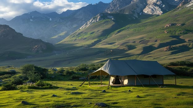 Tourists Camping. Picnic tent on a mountain meadow AI